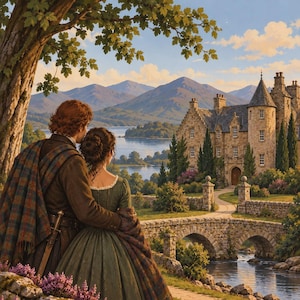 Puede incluir: Una pintura digital que muestra a dos figuras desde atrás, una con un abrigo marrón oscuro con un chal de cuadros y una espada en la cadera, la otra con un vestido largo verde. Observan un castillo de piedra, un puente, un lago y montañas.