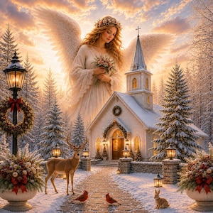 May include: A large angel with expansive white wings stands behind a white church in a snowy forest. A deer, two red birds, and a rabbit are on a stone path. Two large planters with wreaths and red bows flank the scene under a golden sunset sky.