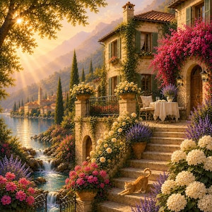 May include: A stone villa terrace overlooking a lake and mountains at sunset, featuring a small waterfall, stone stairs, and a ginger cat. The scene includes potted pink and white flowers, a table with a white cloth, and lush greenery.