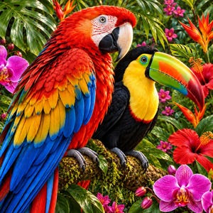 May include: A vibrant scarlet macaw with red, yellow, and blue feathers perched beside a keel-billed toucan with a black body, yellow chest, and a multicolored beak, surrounded by lush green foliage, bright pink orchids, and red hibiscus flowers.