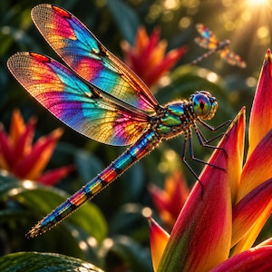 Peut inclure: Une libellule aux ailes irisées et multicolores aux tons bleu, violet, orange et jaune. Le corps est vert et bleu métallique, posé sur un pétale de fleur tropicale rouge et orange vif, avec une seconde libellule en plein vol.
