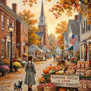 Peut inclure: Scène automnale d'une place de ville avec une fille et un chien se dirigeant vers un marché de récolte. Citrouilles, pommes et cidre sont exposés. Le panneau indique "Pumpkin Patch & Cider - Harvest Market."