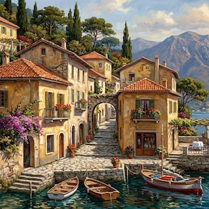 May include: A painting of a coastal village with yellow stone buildings, red tile roofs, and stone pathways. Two small wooden rowboats float in the water, while a larger boat is docked near a terrace. Purple bougainvillea and mountains appear.