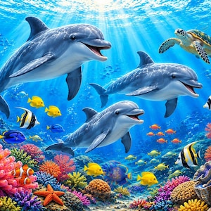 Può includere: Una vivace scena sottomarina con tre delfini grigi che nuotano tra barriere coralline colorate, una tartaruga marina, una medusa rosa e vari pesci tropicali, inclusi pesci pagliaccio e pesci chirurgo gialli e blu.