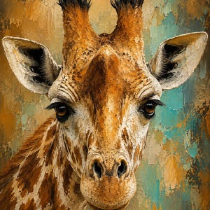 Pode incluir: Uma pintura a óleo da cabeça e pescoço de uma girafa com pinceladas espessas e texturizadas. A girafa tem manchas castanhas e creme, olhos escuros com pestanas longas e pequenos ossicones. O fundo é uma mistura de tons ocre, dourado e azul-petróleo.