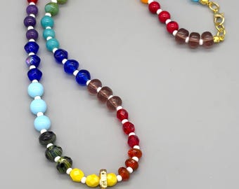 Collar arcoíris colorido con dije de margarita – Collar de cuentas de 20 pulgadas, diseño con colgante extraíble.