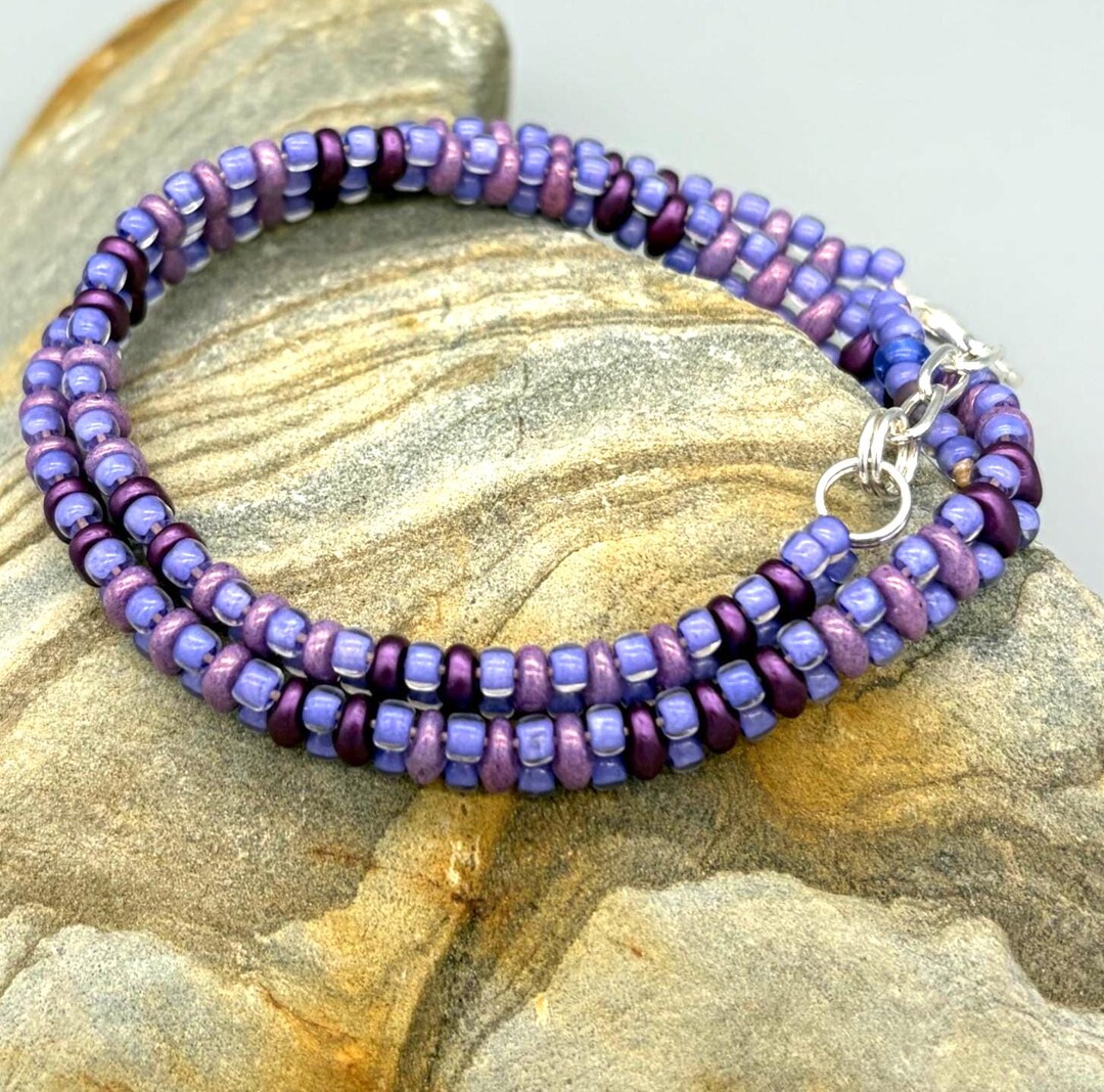 Double Wrap Superduo Seed Bead Bracelet Purple Lilac Violet Tones 