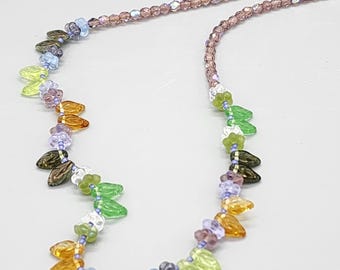 Czech Glass Beaded Necklace: Pastel Flower & Leaf Jewelry