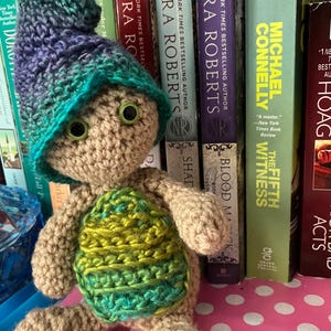 Op de afbeelding: Een handgemaakte gehaakte schildpoppenpop met een groene, blauwe en paarse hoed en schild. De schildpad heeft knoopogen en zit voor een boekenplank met verschillende boeken.