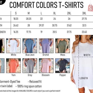 K&ouml;nnte beinhalten: Eine Gr&ouml;&szlig;entabelle f&uuml;r Comfort Colors T-Shirts mit Breiten-, L&auml;ngen- und &Auml;rmell&auml;ngenangaben in Zoll f&uuml;r die Gr&ouml;&szlig;en S bis 4XL. Enth&auml;lt ein Raster mit zehn Farbmustern und eine Abbildung eines wei&szlig;en T-Shirts mit den Messpunkten.