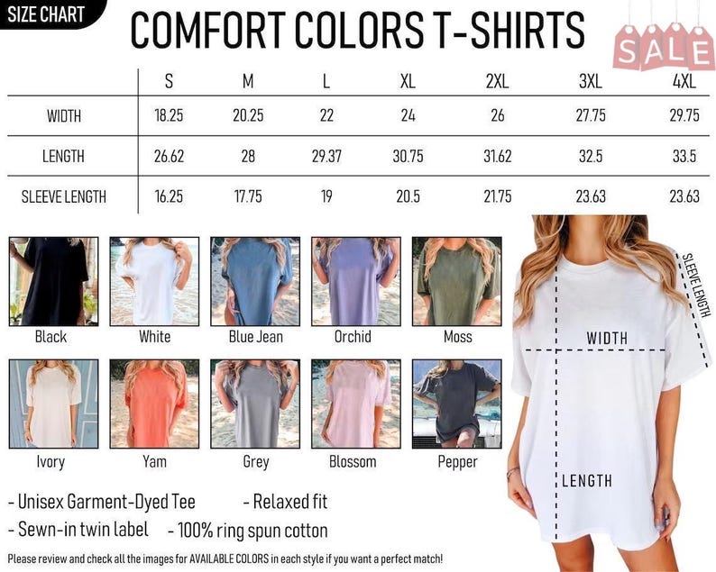 K&ouml;nnte beinhalten: Eine Gr&ouml;&szlig;entabelle f&uuml;r Comfort Colors T-Shirts mit Breiten-, L&auml;ngen- und &Auml;rmell&auml;ngenangaben in Zoll f&uuml;r die Gr&ouml;&szlig;en S bis 4XL. Enth&auml;lt ein Raster mit zehn Farbmustern und eine Abbildung eines wei&szlig;en T-Shirts mit den Messpunkten.