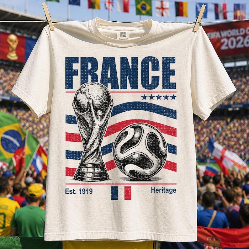 Puede incluir: Una camiseta de manga corta de color crema con un estampado gr&aacute;fico que incluye la palabra FRANCE en azul, un trofeo de f&uacute;tbol, un bal&oacute;n de f&uacute;tbol, cinco estrellas azules y el texto Est. 1919 Heritage con una peque&ntilde;a bandera francesa.