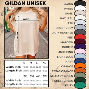 May include: A Gildan Unisex t-shirt size chart featuring a beige t-shirt with width and length arrows, a table listing sizes S through 5XL with measurements in inches, and a vertical color palette list including black, white, sand, and green.