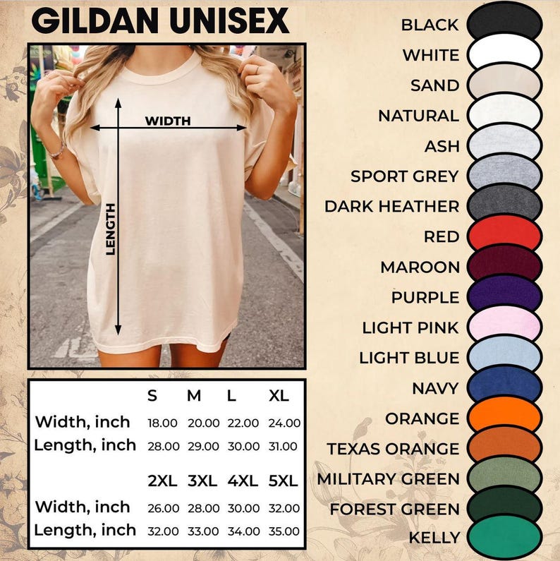 May include: A Gildan Unisex t-shirt size chart featuring a beige t-shirt with width and length arrows, a table listing sizes S through 5XL with measurements in inches, and a vertical color palette list including black, white, sand, and green.