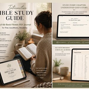 Op de afbeelding: Een interactieve Bijbelstudiegids voor iPad, GoodNotes en Notability. De afbeelding toont een vrouw die een boek leest met een tablet waarop de gids wordt weergegeven. De gids bevat invulbare velden, hyperlinks en een voortgangstracker. De tekst luidt "Interactive Bible Study Guide."