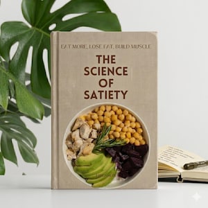 May include: A book titled "The Science of Satiety" with the text "Eat More, Lose Fat, Build Muscle." The cover features a bowl of food with chickpeas, chicken, avocado, and beets. A notebook and pen are visible.