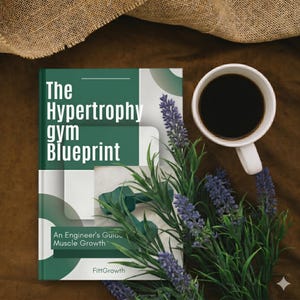 May include: A book titled "The Hypertrophy Gym Blueprint" with green and white cover design, next to a white mug filled with black coffee and a bouquet of lavender. The book's subtitle reads "An Engineer's Guide to Muscle Growth."