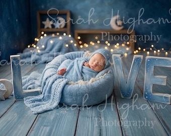Fondo digital azul para recién nacidos, fondo de luna y estrellas para niño, accesorio digital de amor celestial, composición fotográfica bohemia, descarga digital