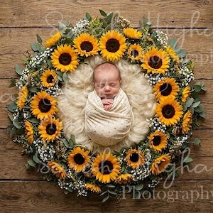 Fondo digital para recién nacidos con girasoles, composición de nido rústico, fondo fotográfico floral amarillo, descarga digital JPEG de alta resolución.