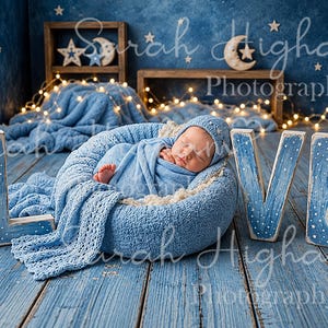Blue Newborn Digital Backdrop, Boy Moon and Stars Background, Celestial Love Digital Prop, Boho Photography Composite, Digital Download