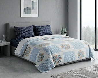 Blue Mosaic Hand Block Printed Cotton Bedsheet King Size Coastal Farmhouse Bedding