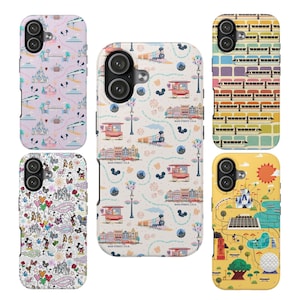May include: Five smartphone cases featuring various colorful patterns including a Main Street U.S.A. theme, a monorail grid, a character doodle collage, a park map with a castle and sphere, and a light purple background with park icons.