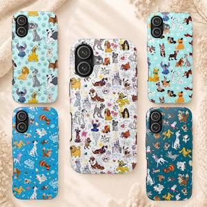 May include: Five smartphone cases featuring various Disney dog characters and Stitch in repeating patterns. The cases come in light blue, white, medium blue, and dark blue backgrounds, each with a dual-camera cutout and printed cartoon illustrations.