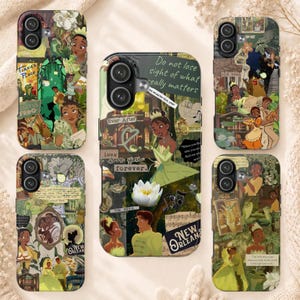 Tiana Princess Phone Case, Retro Princess and the Frog Collage Green Tough Case for  IPhone 17 16 15 14 Pro Max, Samsung Galaxy S25 S24 S23