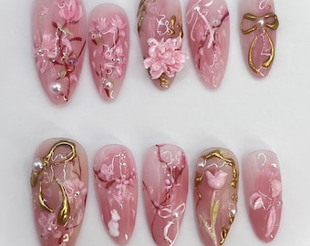 Unhas postiças florais rosa, unhas de flores 3D feitas à mão, conjunto de unhas com laço delicado, unhas Sakura elegantes, unhas postiças amêndoa de luxo.