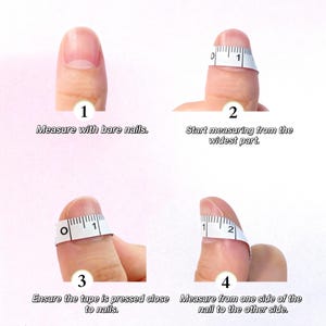 Puede incluir: Una gu&iacute;a de instrucciones de cuatro pasos para medir el ancho de una u&ntilde;a con una cinta m&eacute;trica blanca flexible. El texto dice: 1. Measure with bare nails. 2. Start measuring from the widest part. 3. Ensure the tape is pressed close to nails. 4. Measure from one side of the nail to the other side.