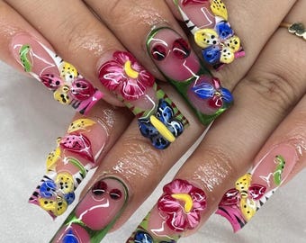Kolorowe, 3D, kwiatowe, motyle, naklejane paznokcie | Zestaw akrylowy Y2K Summer Tropical
