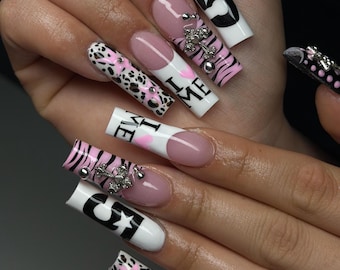Unhas postiças artesanais rosa com estampa de zebra e leopardo, modelo Y2K Coquette com laço brilhante (quadradas compridas)