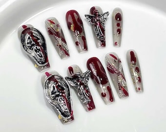 Gothic Cross Press On Nails | Black Lace, 3D Charms, Rhinestones | Stiletto Set