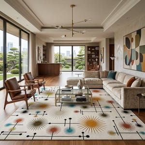May include: A modern living room with a beige sectional sofa, two brown leather armchairs, and a patterned rug. The rug features a white background with colorful starburst designs. A glass coffee table and a gold chandelier complete the space.