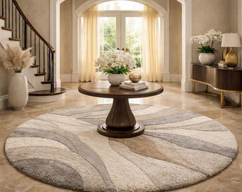 Modern, subtiel aardetinten golvend rond vloerkleed – crèmekleurig beige, artistiek pastel accent ovaal vloerkleed – aards