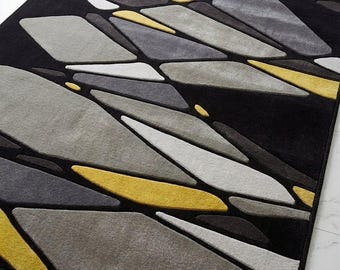 Alfombra de lana neozelandesa tejida a mano, alfombra abstracta moderna, alfombra gris, negra y mostaza, alfombra geométrica para sala de estar, alfombra de diseño hecha a mano.