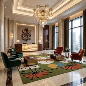 May include: A hotel lobby featuring a large gold tiered chandelier, a reception desk with an illuminated stone front, and a green area rug with a geometric starburst pattern. Two green armchairs and two orange armchairs are arranged in seating areas.