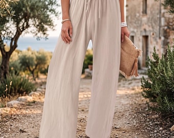 Pantalon large taille haute en lin et coton, pantalon de plage bohème, jupe-culotte ample d'été