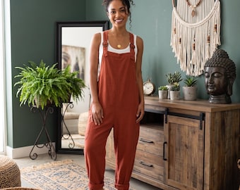 Boho Linen Cotton Jumpsuit, Adjustable Straps, Wide Leg Overalls for Women