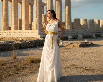 Vestido de diosa griega antigua: vestido blanco con peplo y fajín de cuero sintético dorado - Cosplay de Afrodita