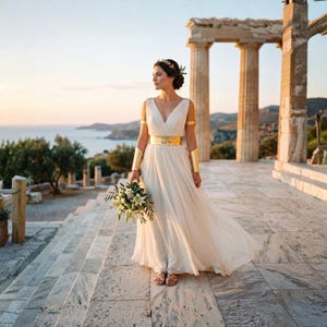 Könnte beinhalten: Eine Frau in einem fließenden weißen Kleid mit goldenen Akzenten, die einen Strauß weißer Blumen hält. Das Kleid hat einen V-Ausschnitt und einen goldenen Gürtel. Goldene Armbänder und Sandalen vervollständigen den Look. Im Hintergrund antike Säulen und Meer.