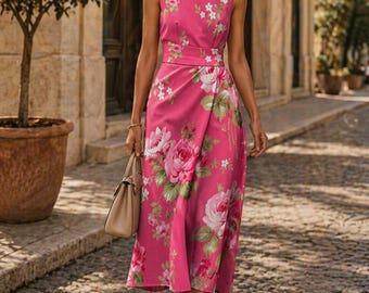 Abito midi a portafoglio con stampa floreale, senza maniche, elegante e chic da ufficio, in tessuto di seta di latte.