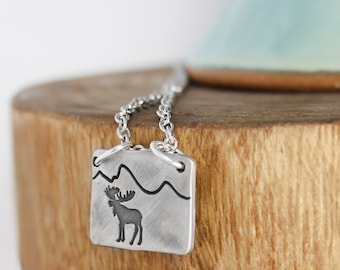 Moose Necklace - Mountain Necklace - Handstamped Jewelry