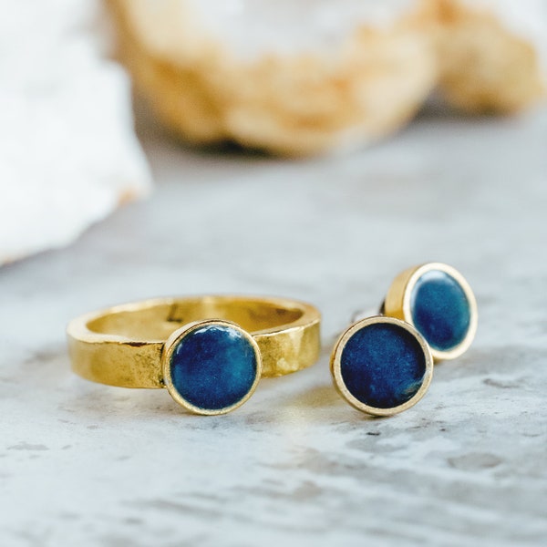 Gold Lapis Lazuli Ring and Earring Set - Meditation Ring - Throat Chakra Ring Lapis Lazuli Jewelry