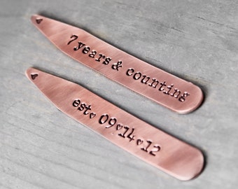 7 Year Anniversary Gift - Personalized Collar Stays Copper - Custom Collar Stays