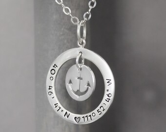 Silver Coordinate Necklace, Anchor Necklace, Sterling Silver Necklace, Stamped Coordinate Jewelry Latitude Longitude Necklace, Special Place