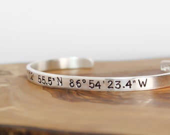 Coordinate Bracelet Sterling Silver - Coordinate Cuff - Latitude Longitude Bracelet