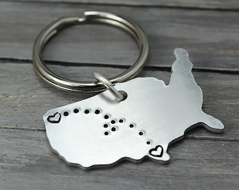 Long Distance Relationship Keyring, Long Distance Love, State Key Chain, Separated Love, Personalized Key Chain, Hand Stamped Jewelry,