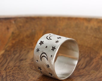 Stars and Moon Ring, Moon and Stars Ring, Celestial Jewelry, Boho Rings for Women