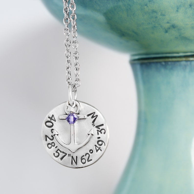 Custom Coordinate Necklace Birthstone Anchor Necklace Etsy
